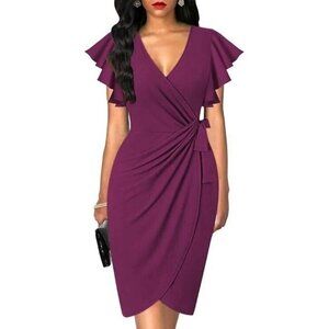 Women's V-Neck Ruffle Sleeve Faux Wrap Stretch Tulip Hem Purple Dress Size Small